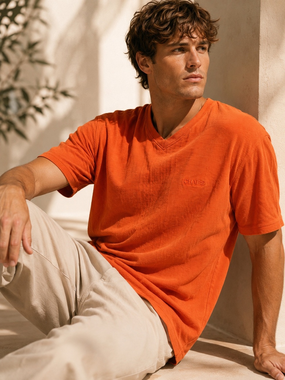 Vintage Chaps Ralph Lauren Men’s V-Neck Knit Shirt L Orange 100% Cotton